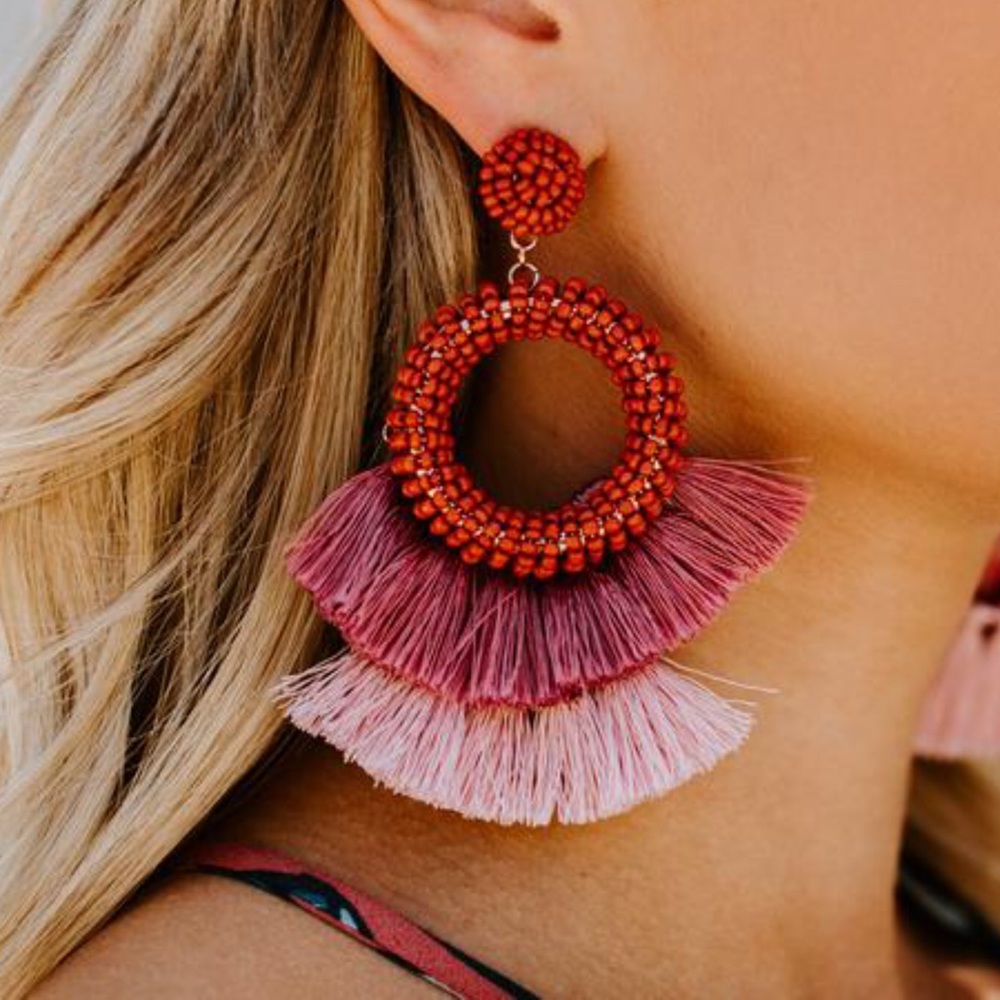 Red Beaded Hoop Fan Fringe Dangle Earrings Tassel - Picture 3 of 4